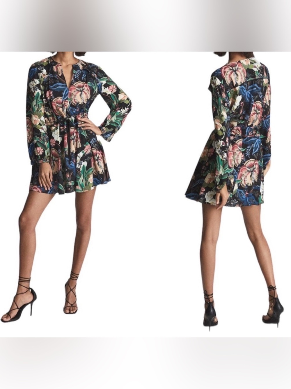 Floral Long-Sleeve Mini Dress in Black and Multi